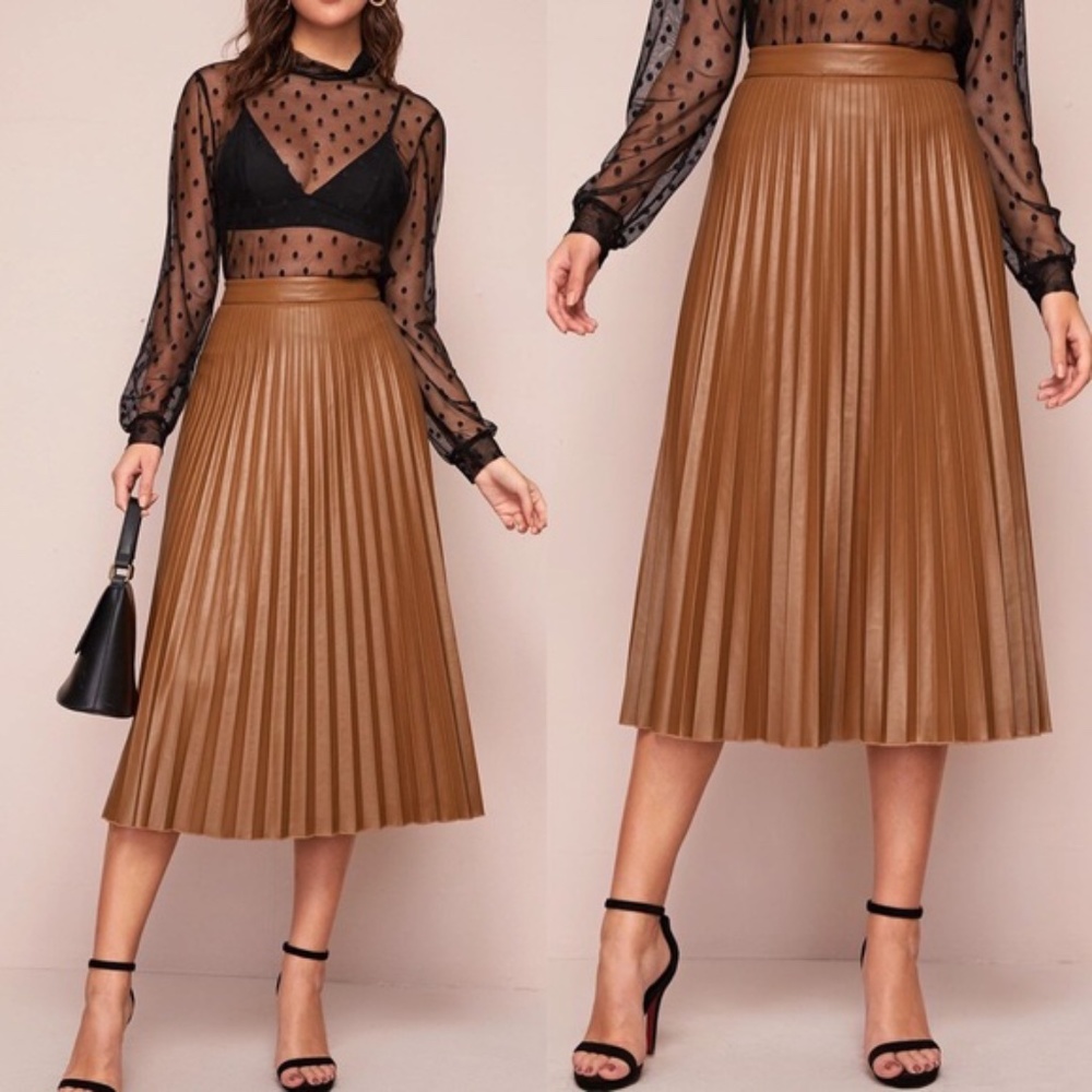 Camel Vegan leather Accordion Pleated Midi Skirt - Picture 2 of 4